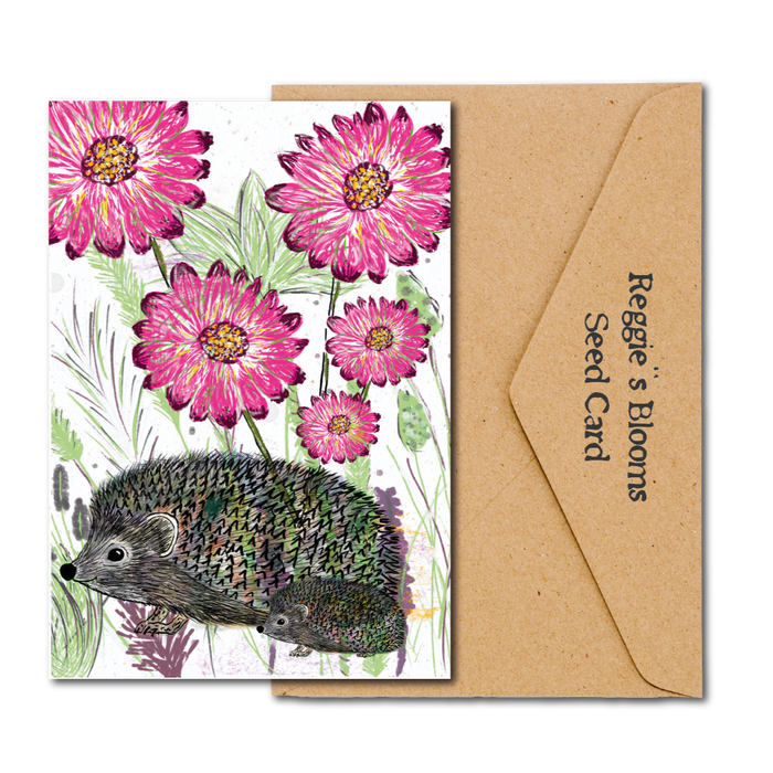 HEDGEHOG AND PINK BLOOMS WiLDFLOWER PLANTABLE SEED GREETING CARD