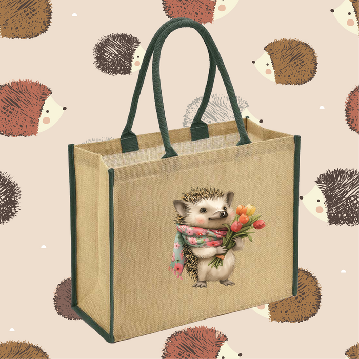 Hedgehogs and Tulips Jute Bag