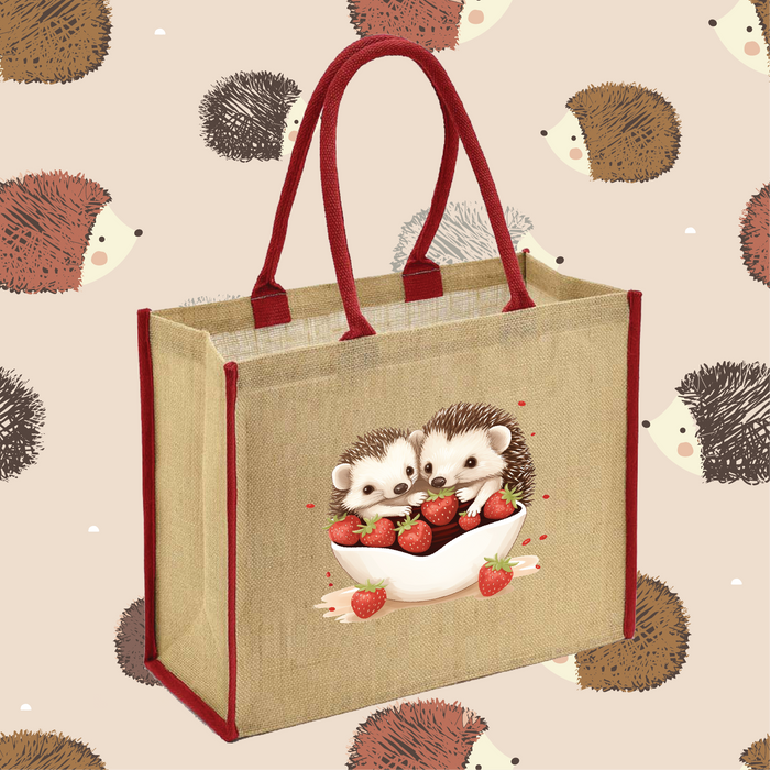 Hedgehogs in a Bowl of Strawberries Jute Bag