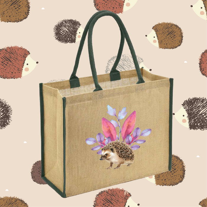 Hedgehogs and pink and blue flower Jute Bag