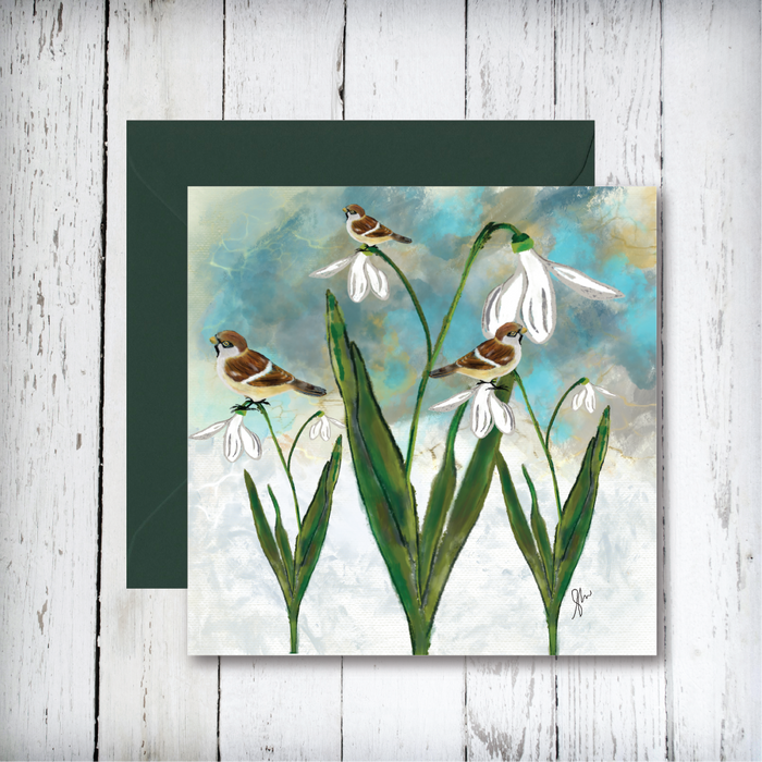 Snowdrop and Sparrow Greeing Card