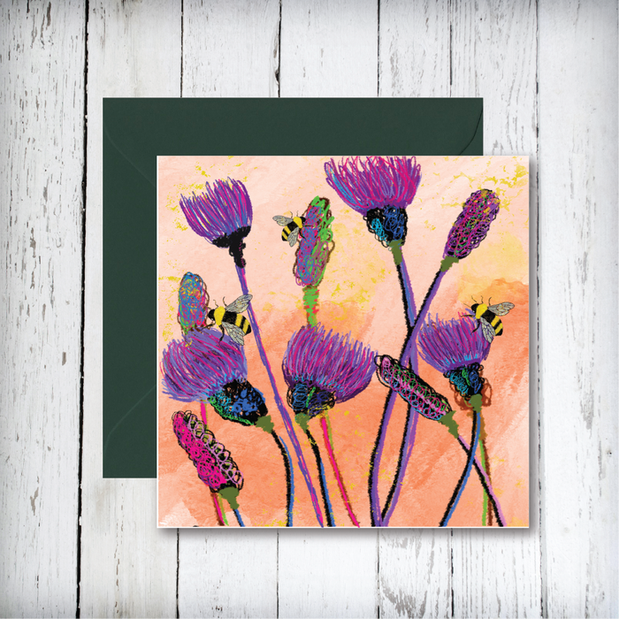 Thistle and Bees Greetings Card