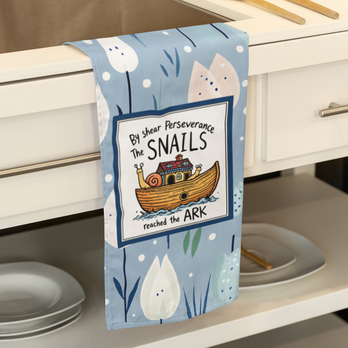 By shear perseverance the snails reach the ark tea towel