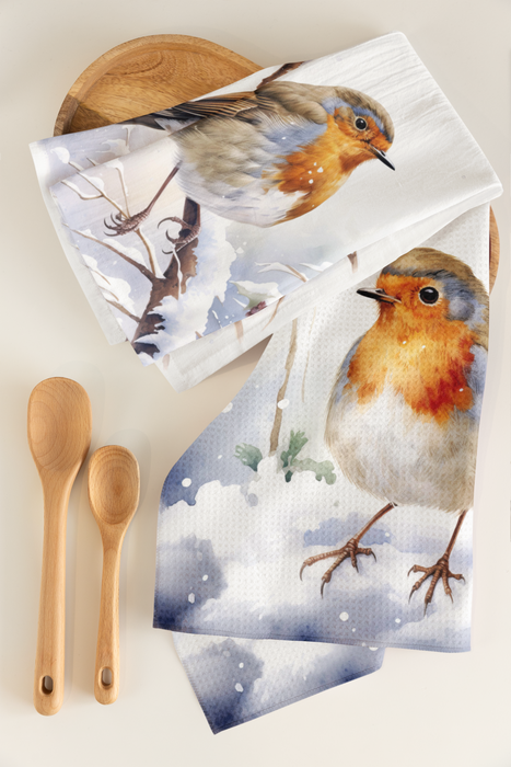 Robin on Blue Swirls Tea Towel