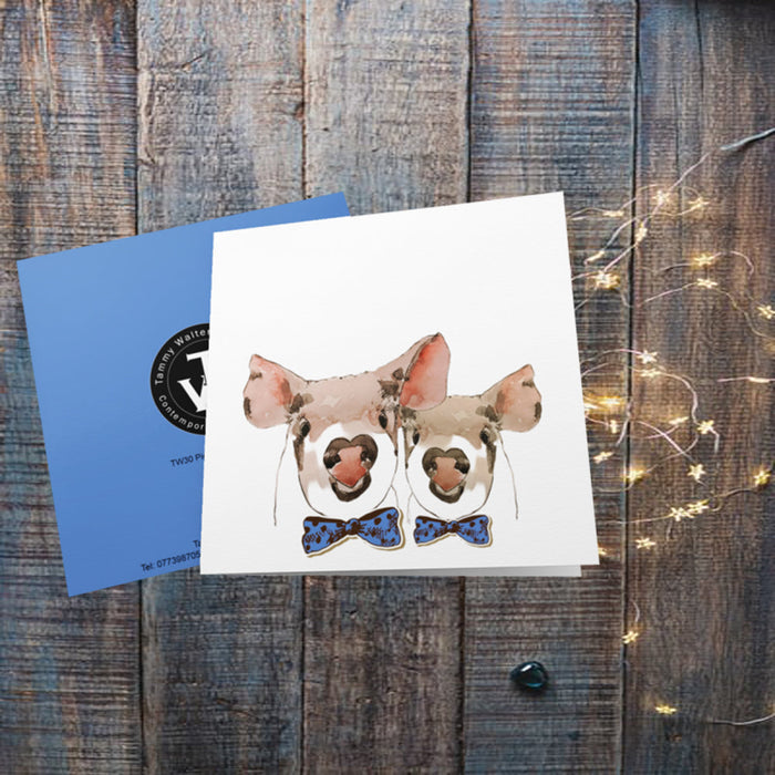 Pigs in a Blue Bow Tie Greetings Card