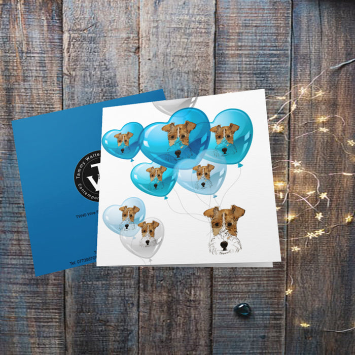 Wire Fox Terrier Blue Ballons Greetings Card
