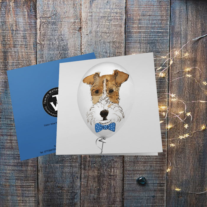 Wire Fox Blue Bow Greetings Card