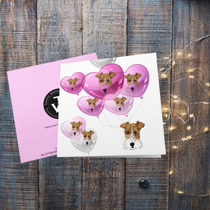 Wire Fox Terrier Pink Balloons Greetings Card