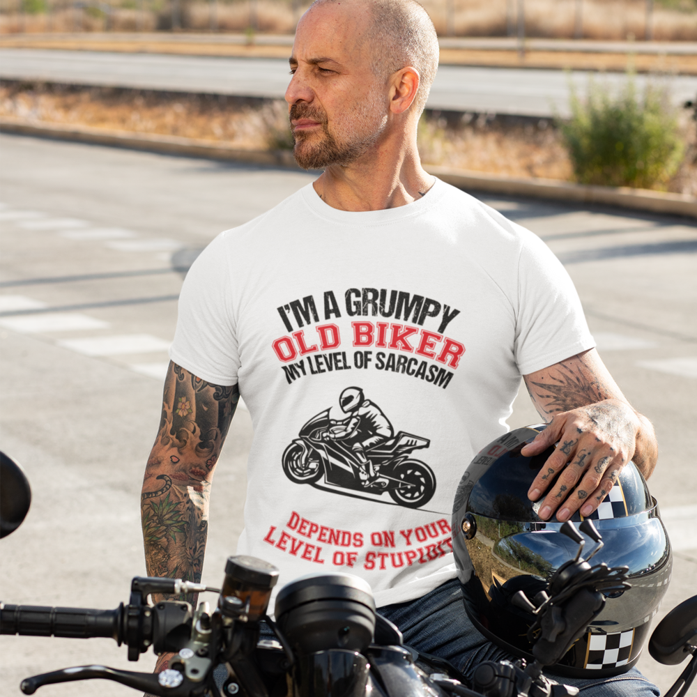 I'm a grumpy old biker, my level of depends your level of stupidity T-Shirt Tee , Top – Trading