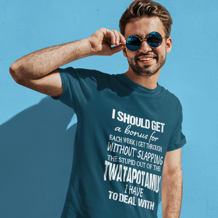 I should get a bonus for each day I get through without slapping the twatapotamous I have to deal withHumour T-shirt