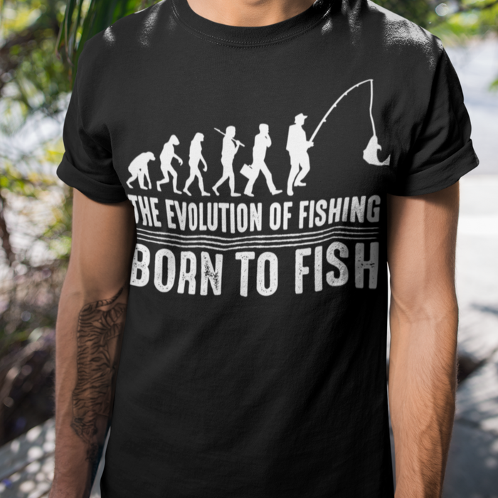 The Evolution of Fishing, Born to Fish Humour T-shirt Tee , Top — WBC  Trading Company